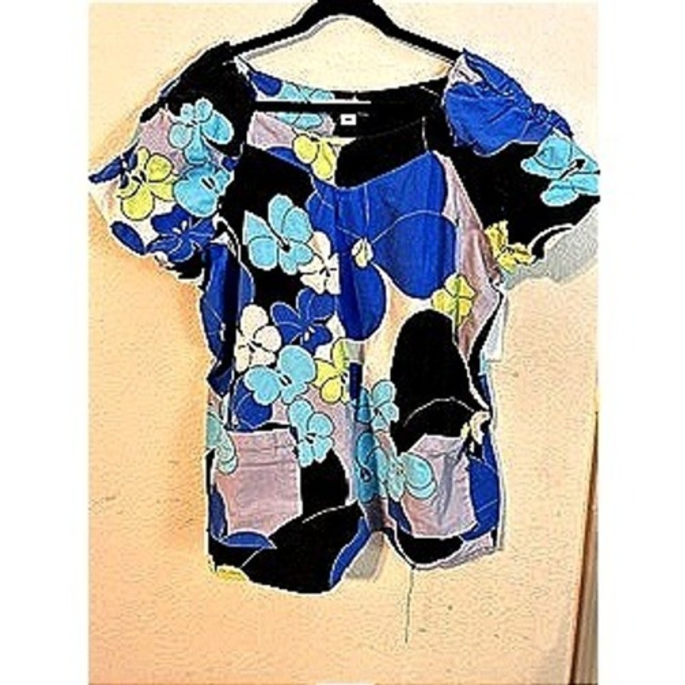 Koi Scrub Top Womens 3X Blue Floral Excellent Short Ruched Sleeve Square Neck